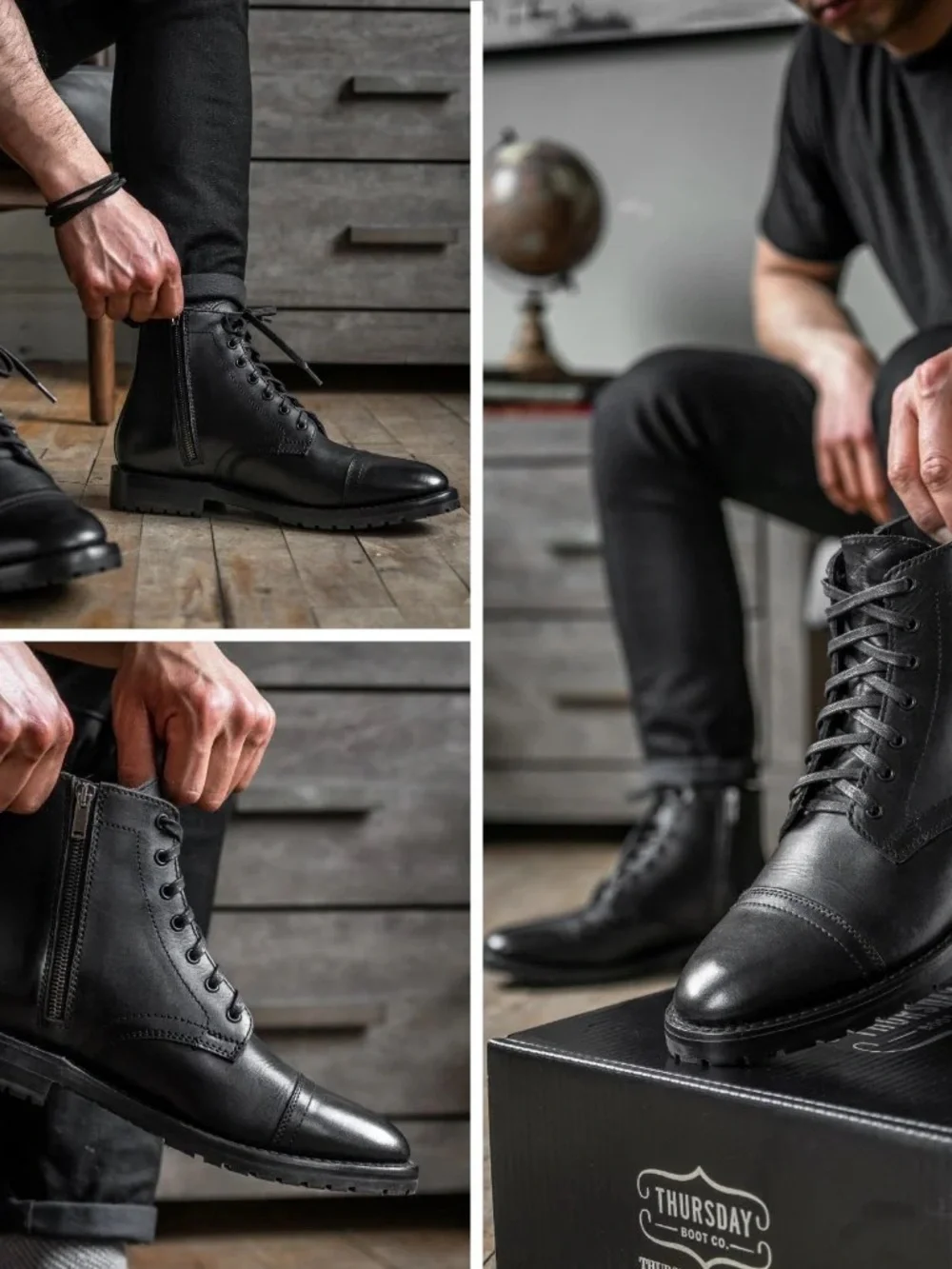 Like New! Thursday Boot Company Black Leather Lace-Up Cap-Toe Boots Size 10